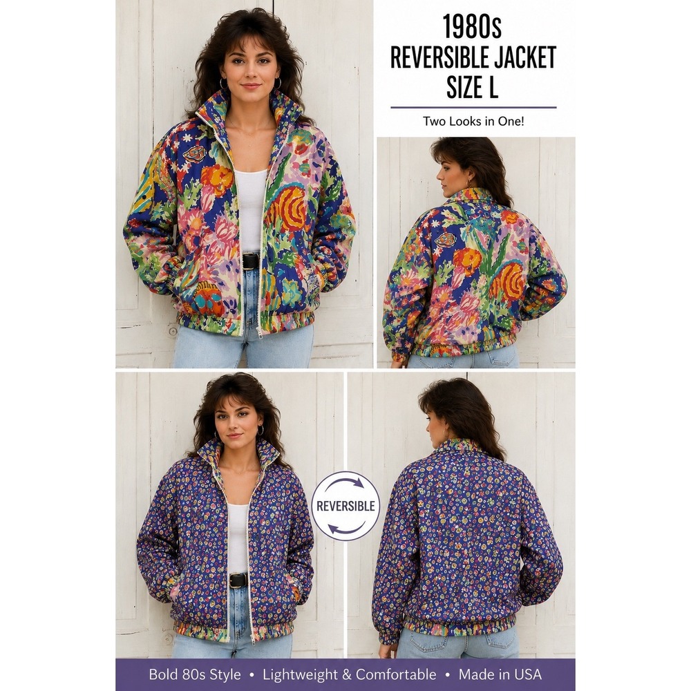 Vintage 80s Huba Reversible Bomber Jacket Fish Shells Vibrant Rare EUC USA L